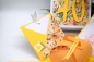 Preview: Explosionsbox Geburtstag ca. 7x7x7cm | Geldgeschenk | Zierschachtel | Motiv: Tropical floral | gelb orange | Art. Nr. 02020002 20 60 30 50 40
