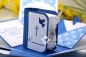 Mobile Preview: Explosionsbox Kommunion/Konfirmation/Firmung/Taufe personalisierbar ca. 7x7x7cm | Geldgeschenk | Buchschachtel | Motiv: Segelboote | blau weiß | Art. Nr. 04020505