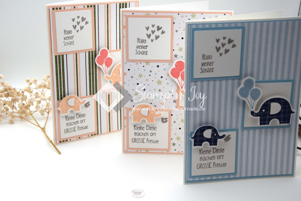 Babykarte | Glückwunschkarte Geburt | Motiv: Elefanten gestreifter Hintergrund | pastell blüten rosa flamingorot | Art. Nr. 00000301
