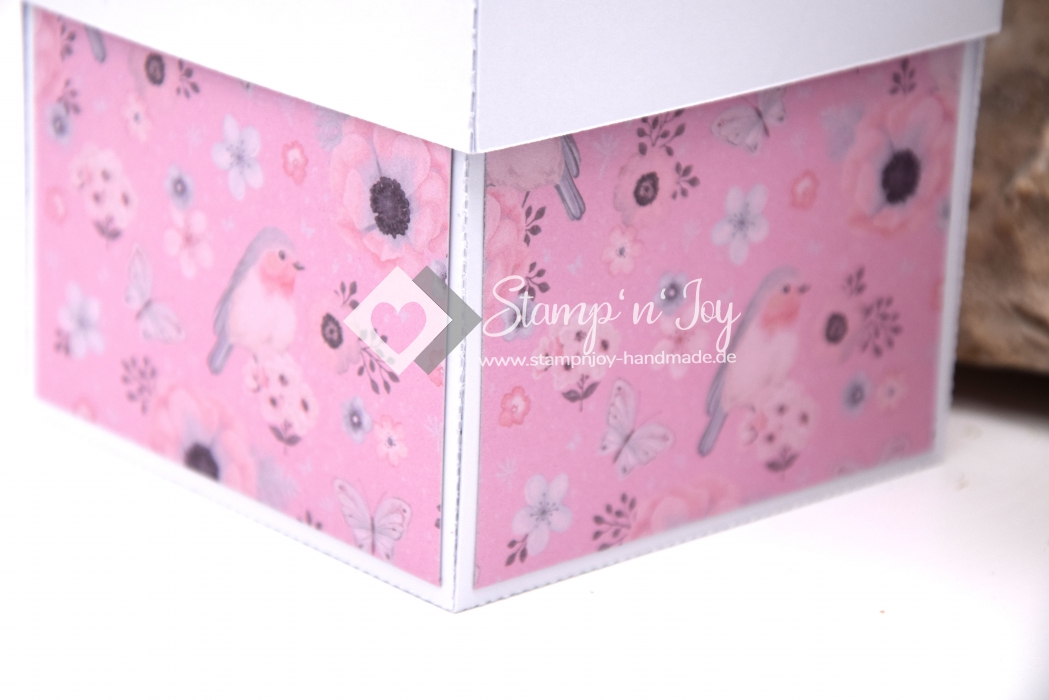 Explosionsbox Baby ca. 9x9x9cm | Geldgeschenk Geburt | Sneakers, Schuhe | Motiv: Rotkehlchen | weiß rosa | Art. Nr. 00021001