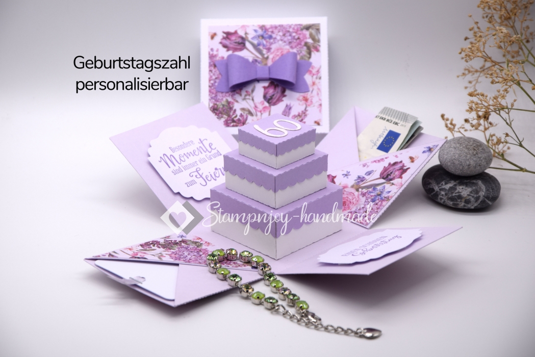 Explosionsbox Geburtstag personalisierbar | Geldgeschenk | Torte eckig | Motiv: Blüten floral | pastell lila | Art. Nr. 02020407 20 60 30 70 40 50 80