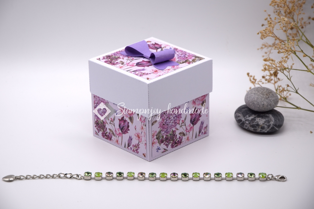 Explosionsbox Geburtstag personalisierbar | Geldgeschenk | Torte eckig | Motiv: Blüten floral | pastell lila | Art. Nr. 02020407 20 60 30 70 40 50 80