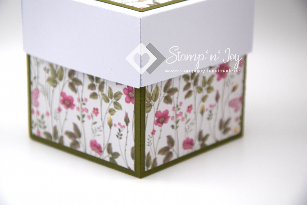 Explosionsbox Runder Geburtstag personalisierbar | Geldgeschenk | Torte eckig | Motiv: Blüten floral | olivgrün pink | Art. Nr. 02020608 20 60 70
