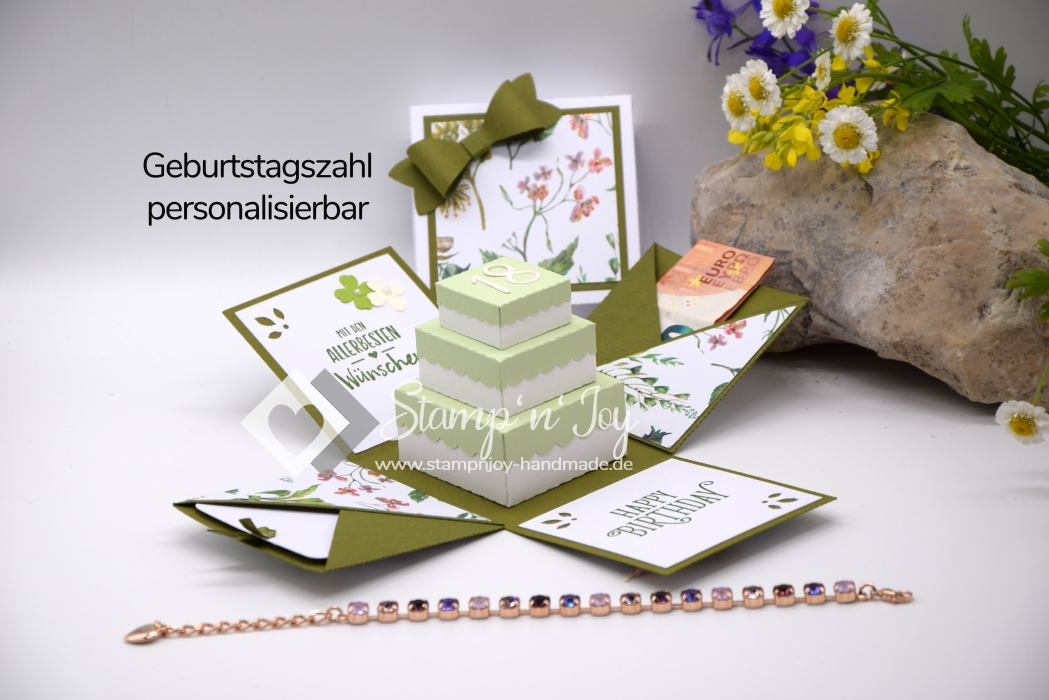 Explosionsbox Geburtstag Zahl personalisierbar | Geldgeschenk | Torte eckig | Motiv: Blüten floral | olivgrün | Art. Nr. 02020615 20 60 30 70 40 50 80