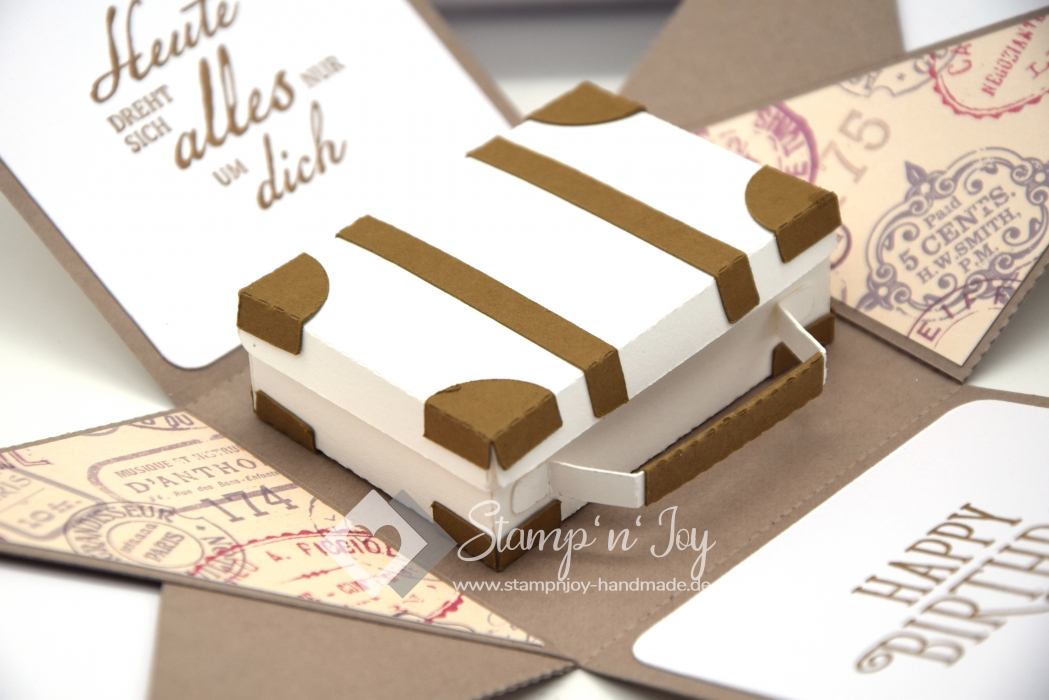 Explosionsbox Geburtstag personalisierbar | Geldgeschenk Mann | Reise Koffer | Motiv: Poststempel | taupe vintage | Art. Nr. 02020704 20 30 60 70 50