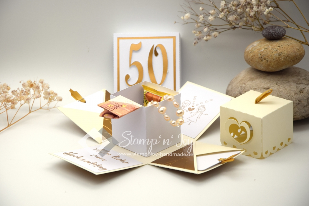 Explosionsbox Goldene Hochzeit | Geldgeschenk | Herzschachtel | Rosen floral | gold creme | Art. Nr. 03020005 50