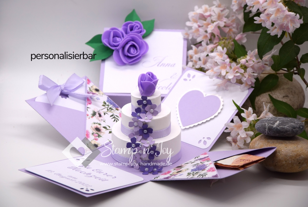 Explosionsbox Hochzeit ca. 9x9x9cm personalisierbar | Geldgeschenk | Torte rund | floral | flieder weiß | Art. Nr. 03020404