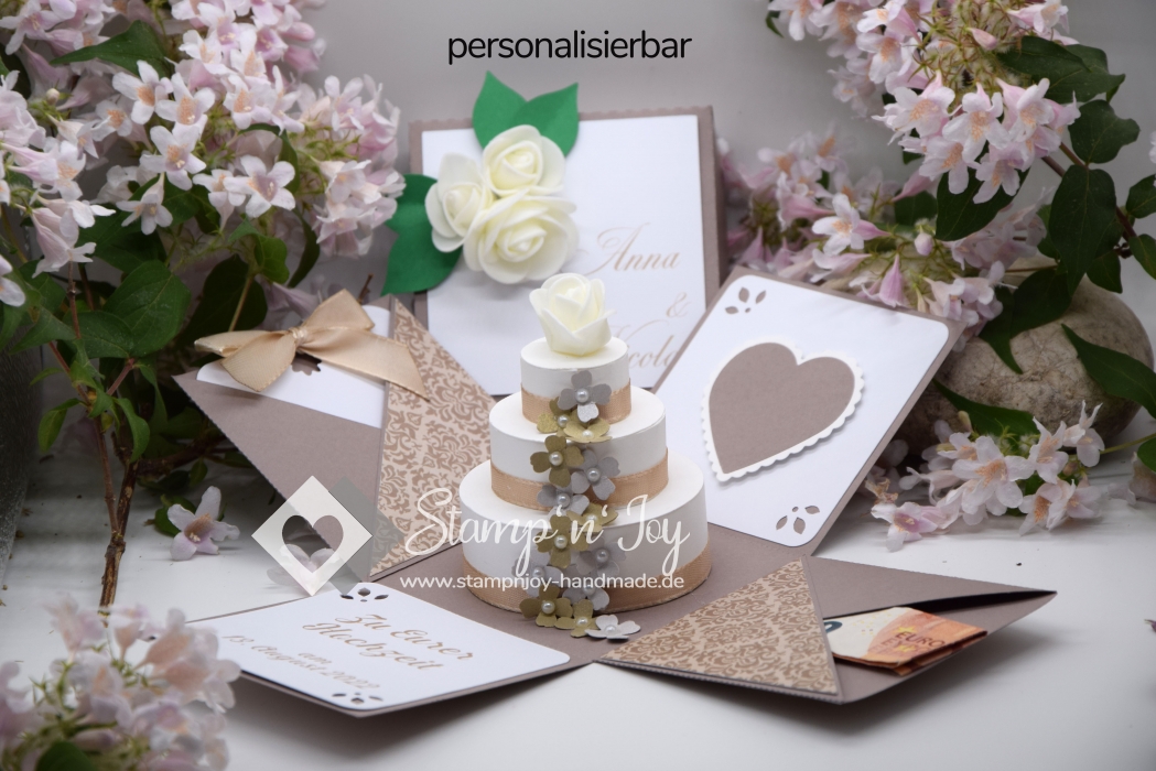 Explosionsbox Hochzeit ca. 9x9x9cm personalisierbar | Silberhochzeit | Geldgeschenk | Torte rund | vintage | taupe weiß | Art. Nr. 03020701