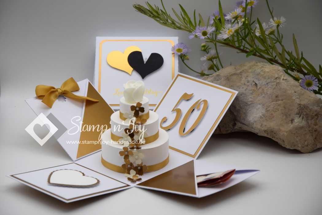 Explosionsbox Goldene Hochzeit ca. 9x9x9cm | Geldgeschenk | Torte rund | Herzen | gold weiß | Art. Nr. 03021203