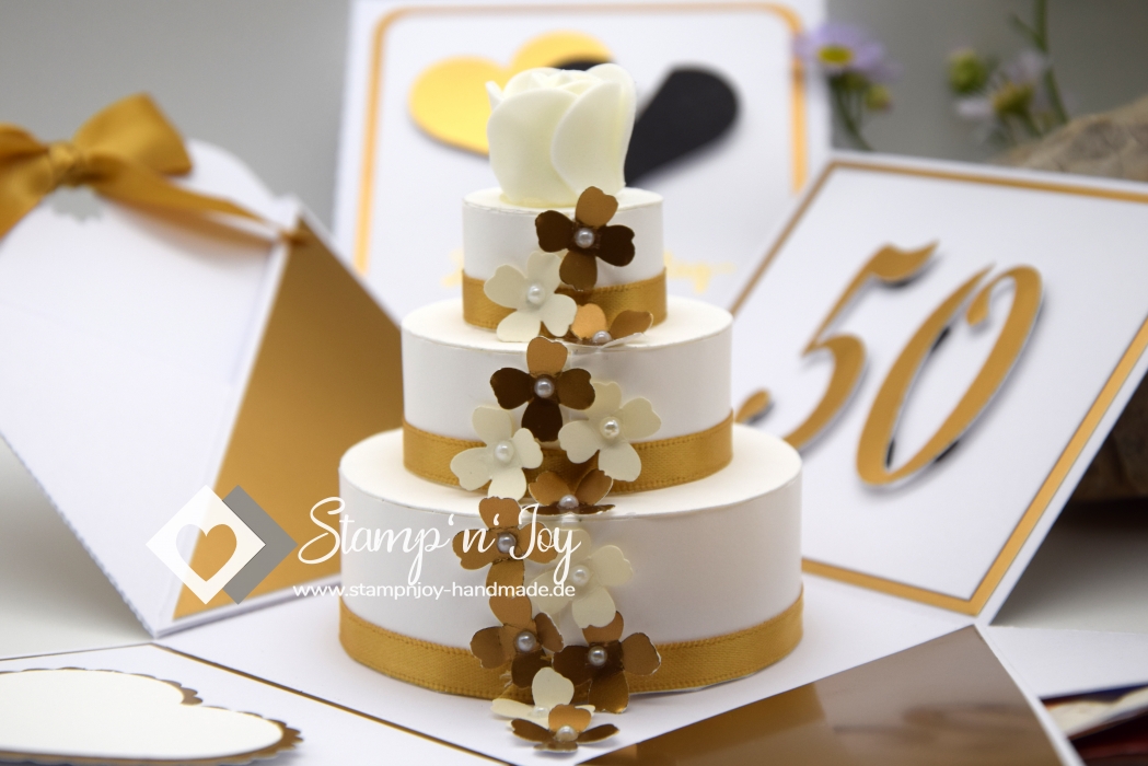 Explosionsbox Goldene Hochzeit ca. 9x9x9cm | Geldgeschenk | Torte rund | Herzen | gold weiß | Art. Nr. 03021203