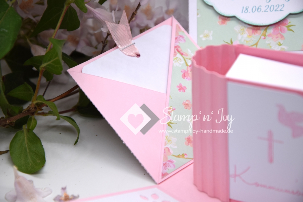 Explosionsbox Kommunion/Konfirmation/Firmung/Taufe personalisierbar ca. 7x7x7cm | Geldgeschenk | Buchschachtel | Motiv: Kirschblüten | rosa mint pastell | Art. Nr. 04020302