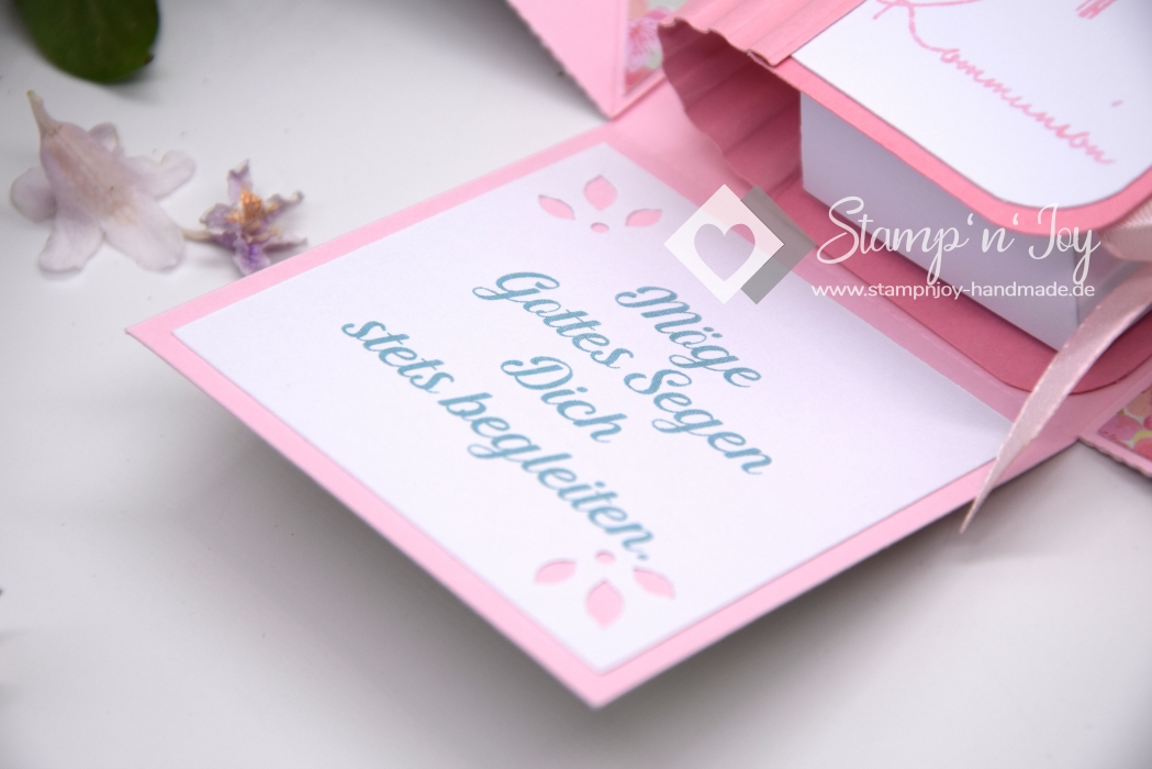 Explosionsbox Kommunion/Konfirmation/Firmung/Taufe personalisierbar ca. 7x7x7cm | Geldgeschenk | Buchschachtel | Motiv: Kirschblüten | rosa mint pastell | Art. Nr. 04020302