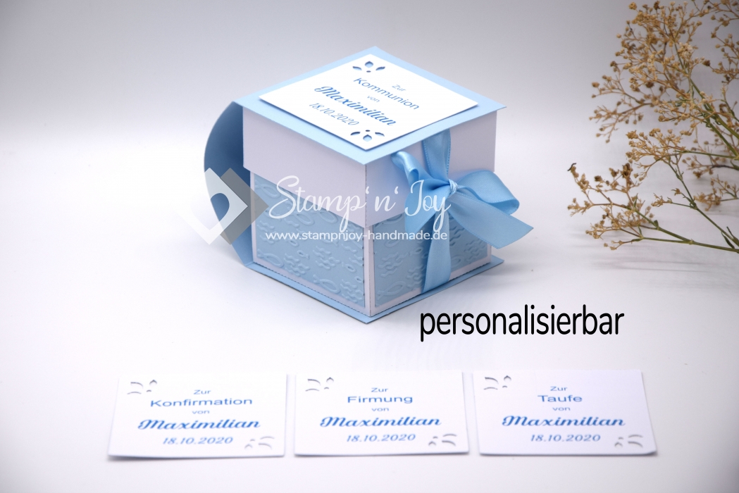 Buch- Explosionsbox Kommunion/Konfirmation/Firmung/Taufe personalisierbar | Geldgeschenk | Motiv: Fische | blau weiß | Art. Nr. 04021001