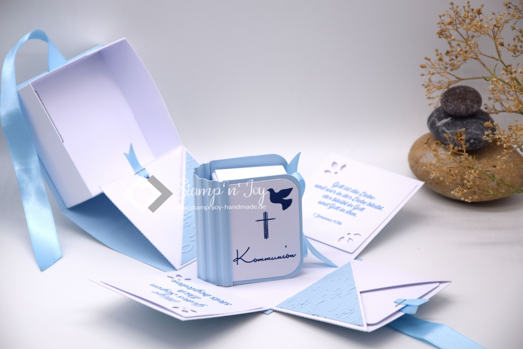 Buch- Explosionsbox Kommunion/Konfirmation/Firmung/Taufe personalisierbar | Geldgeschenk | Motiv: Fische | blau weiß | Art. Nr. 04021001