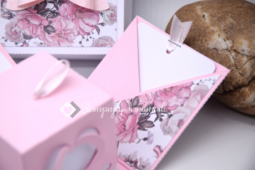Explosionsbox Muttertag/ Runder Geburtstag | Geldgeschenk | Herzschachtel | Motiv: Blüten floral | rosa weiß | Art. Nr. 06020302
