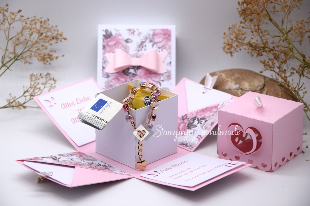 Explosionsbox Muttertag/ Runder Geburtstag | Geldgeschenk | Herzschachtel | Motiv: Blüten floral | rosa weiß | Art. Nr. 06020302