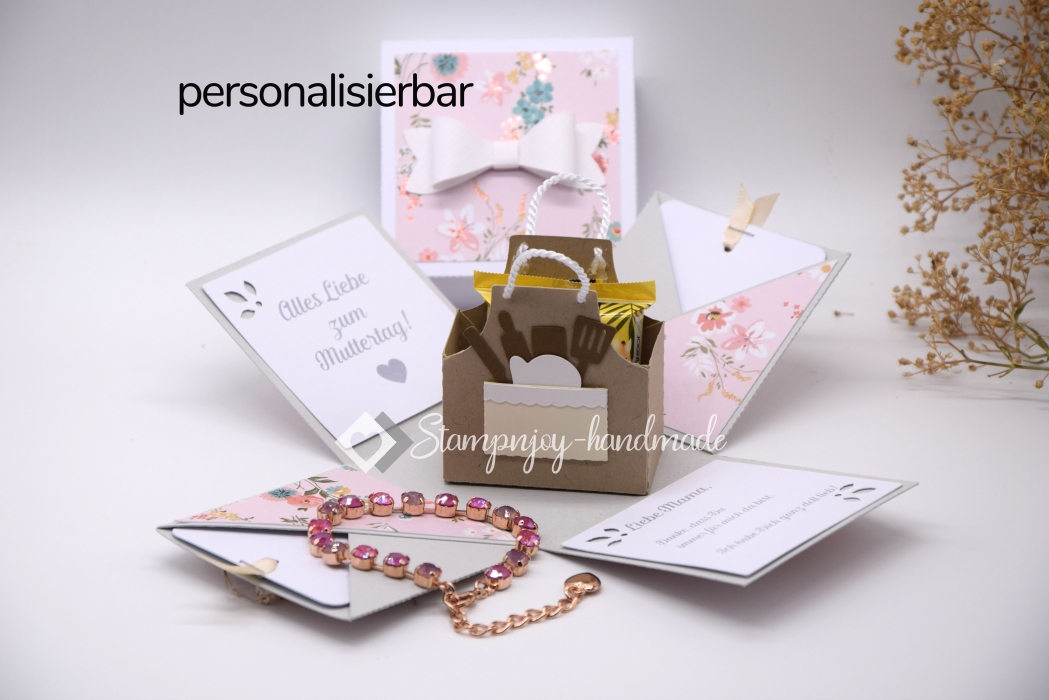 Explosionsbox Muttertag/ Runder Geburtstag | Geldgeschenk | Küchenschürze | Motiv: Blüten floral | pastell grau rosa | Art. Nr. 06020801