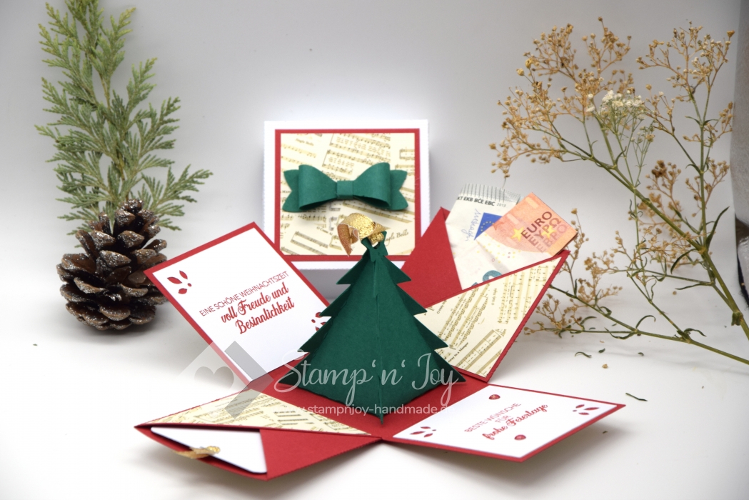 Explosionsbox Weihnachten | Geldgeschenk | 3D Tannenbaum | Motiv: Jingle Bells Musiknoten | rot weiß | Art. Nr. 10020203