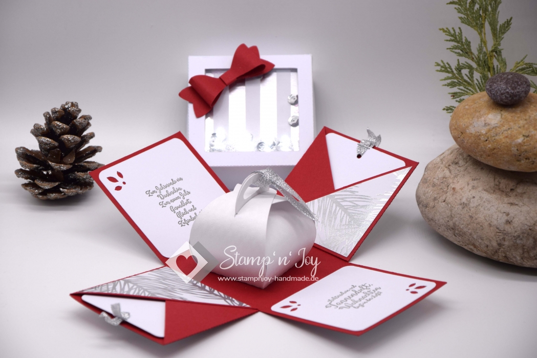 Explosionsbox Weihnachten | Geldgeschenk | Zierschachtel | Motiv: Tannenzweige, gestreift | rot weiß | Art. Nr. 10020205
