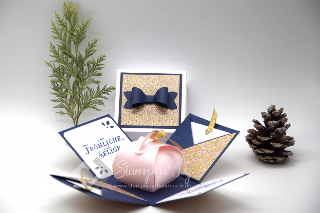 Explosionsbox Weihnachten | Geldgeschenk | Zierschachtel | Motiv: goldene Verzierungen | nachtblau rosa | Art. Nr. 10020501