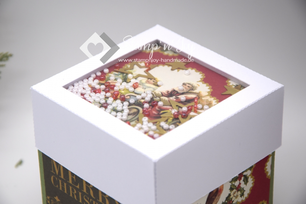 Explosionsbox Weihnachten | Geldgeschenk | 3D Tannenbaum | Schütteldeckel | Motiv: Vögel Merry Christmas | olivgrün rot | Art. Nr. 10020605