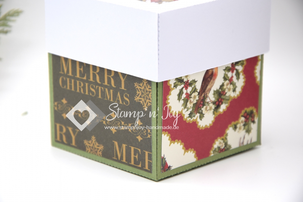 Explosionsbox Weihnachten | Geldgeschenk | 3D Tannenbaum | Schütteldeckel | Motiv: Vögel Merry Christmas | olivgrün rot | Art. Nr. 10020605