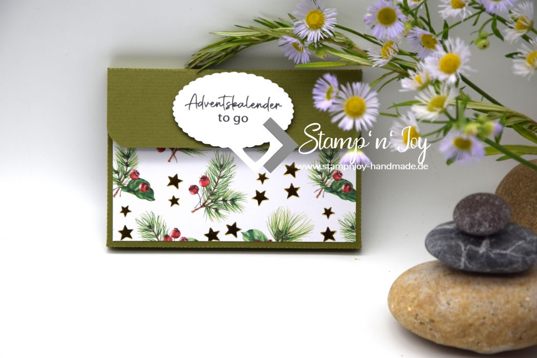 Adventskalender to go mit Pulmoll zuckerfreie Bonbons mit Süßungsmitteln | Motiv: Zweige, Weihnachtsmann Merry Christmas | olivgrün weiß | Art. Nr. 10060602