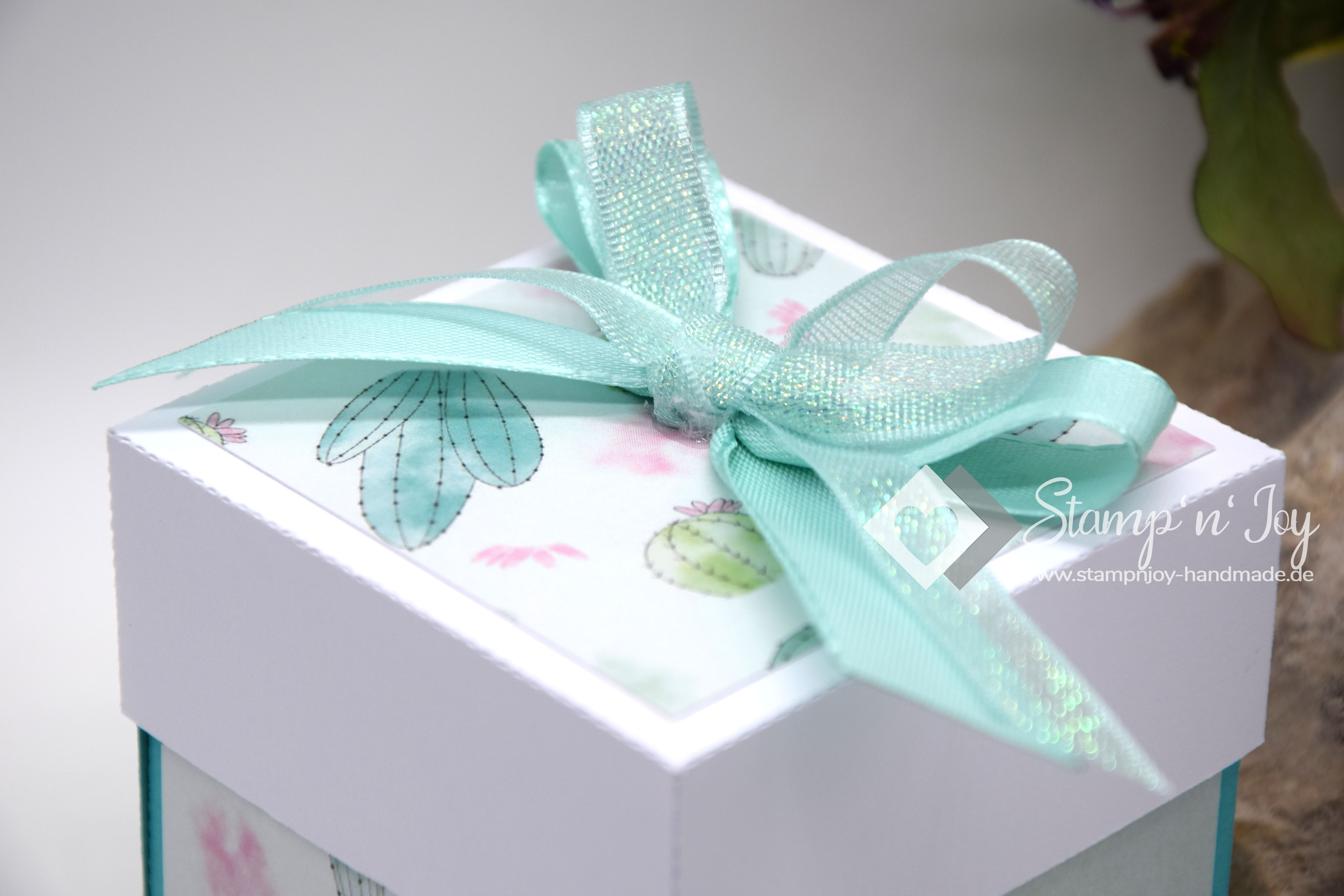 Explosionsbox Geburtstag personalisierbar ca. 7x7x7cm | Geldgeschenk |  Reise Koffer | Motiv: Kaktus | mint trkis