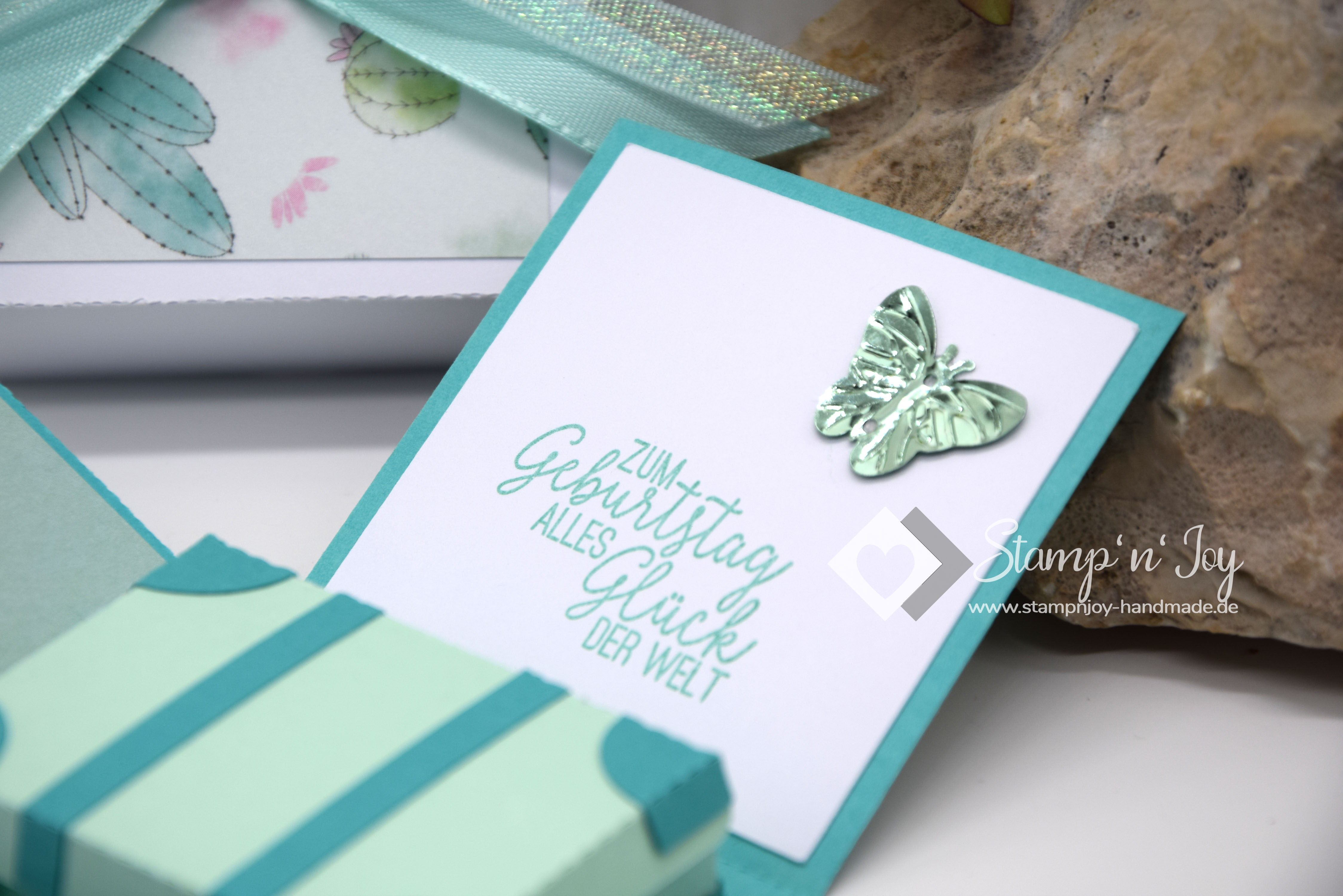 Explosionsbox Geburtstag personalisierbar ca. 7x7x7cm | Geldgeschenk |  Reise Koffer | Motiv: Kaktus | mint trkis