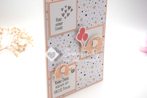 Babykarte | Glückwunschkarte Geburt | Motiv: Elefanten Sternenhintergrund | pastell blüten rosa flamingorot | Art. Nr. 00000302