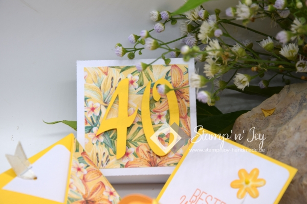 Explosionsbox Geburtstag ca. 7x7x7cm | Geldgeschenk | Zierschachtel | Motiv: Tropical floral | gelb orange | Art. Nr. 02020002 20 60 30 50 40