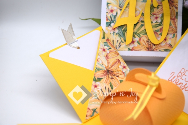 Explosionsbox Geburtstag ca. 7x7x7cm | Geldgeschenk | Zierschachtel | Motiv: Tropical floral | gelb orange | Art. Nr. 02020002 20 60 30 50 40