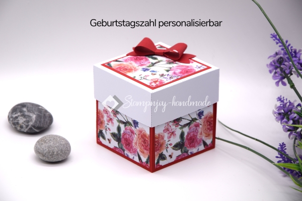 Explosionsbox Geburtstag personalisierbar | Geldgeschenk | Zierschachtel | Motiv: Blumen floral | rot grün | Art. Nr. 02020201 20 60 30 50 40