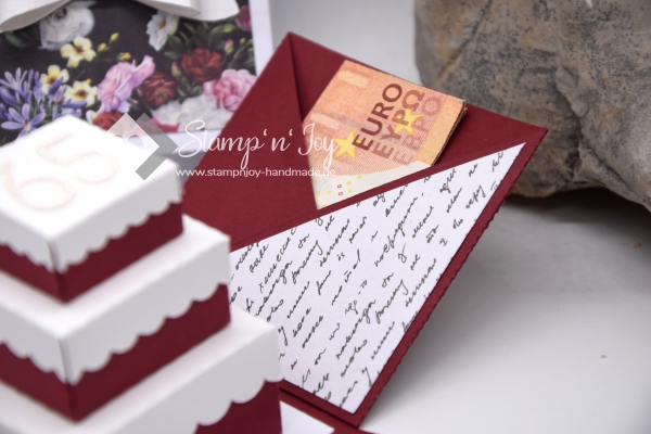 Explosionsbox Geburtstag personalisierbar | Geldgeschenk | Torte eckig l | Motiv: Blumen floral | rot weiß | Art. Nr. 02020203 20 60 30 50 40