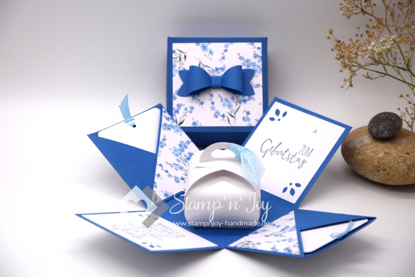 Explosionsbox Geburtstag | Geldgeschenk | Zierschachtel | Motiv: Blüten floral | blau | Art. Nr. 02020512 20 60 30 50 40