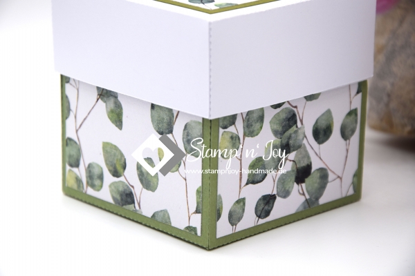 Explosionsbox Geburtstag personalisierbar | Geldgeschenk | Torte eckig | Motiv: floral Eukalyptus | olivgrün | Art. Nr. 02020613 20 60 30 70 40 50 80