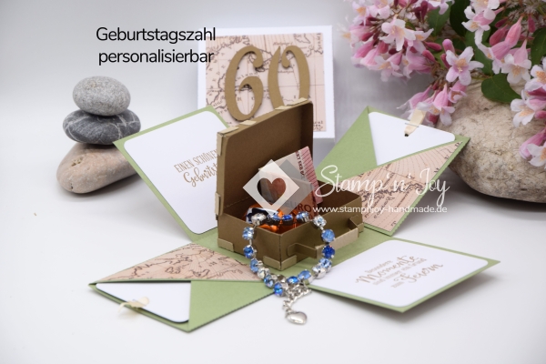 Explosionsbox Geburtstag personalisierbar | Geldgeschenk Mann | Reise Koffer | Motiv: Weltkarte | olivgrün braun | Art. Nr. 02020614 20 30 60 70 50 40 80