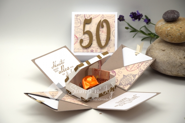 Explosionsbox Geburtstag personalisierbar | Geldgeschenk Mann | Reise Koffer | Motiv: Poststempel | taupe vintage | Art. Nr. 02020704 20 30 60 70 50