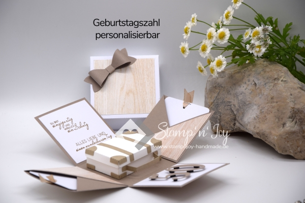 Explosionsbox Geburtstag personalisierbar | Geldgeschenk Mann | Reise Koffer | Motiv: Holzoptik | taupe weiß | Art. Nr. 02020713 20 30 60 70 50 40 80