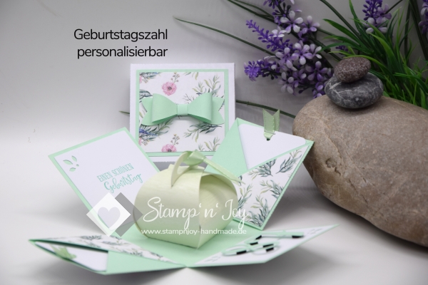 Explosionsbox Geburtstag personalisierbar | Geldgeschenk | Zierschachtel | Motiv: Blumen floral | mint | Art. Nr. 02021306 20 60 30 50 40