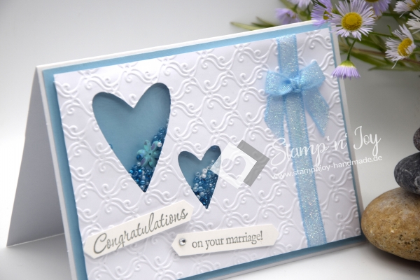 Glückwunschkarte Hochzeit | Hochzeitskarte | Schüttelkarte | Motiv: Herzen, Schnörkel | hellblau weiß | Art. Nr. 03000501