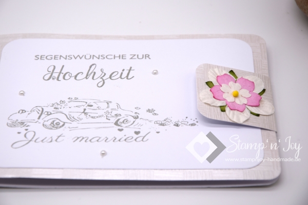 C6 Gutscheinkarte Hochzeit | Geldkarte | Hochzeitskarte | Motiv: Hochzeitsauto, Blume rosa | silber metallic | Art. 03011001-10