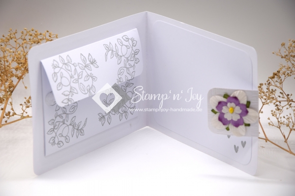 C6 Gutscheinkarte Hochzeit | Geldkarte | Hochzeitskarte | Motiv: Herz, Blume lila | silber metallic | Art. 03011001-7
