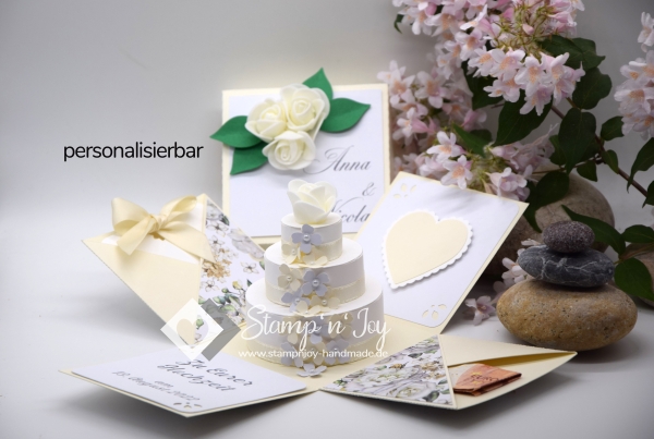 Explosionsbox Hochzeit ca. 9x9x9cm personalisierbar | Geldgeschenk | Torte rund | floral | creme weiß | Art. Nr. 03020007