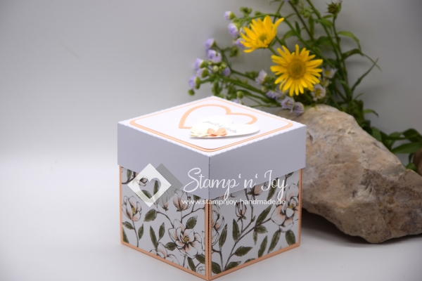 Explosionsbox Hochzeit ca. 9x9x9cm | Geldgeschenk | Torte rund | floral | pastell pfirsich weiß | Art. Nr. 03020102