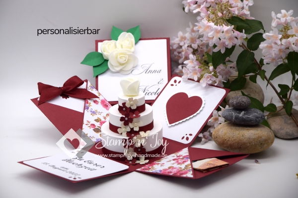 Explosionsbox Hochzeit ca. 9x9x9cm personalisierbar | Geldgeschenk | Torte rund | floral | bordeaux rot weiß | Art. Nr. 03020202