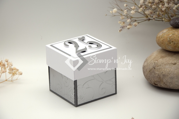 Explosionsbox Silberhochzeit | Geldgeschenk | Herzschachtel | Motiv: Rosen floral | grau silber weiß | Art. Nr. 03020802 25