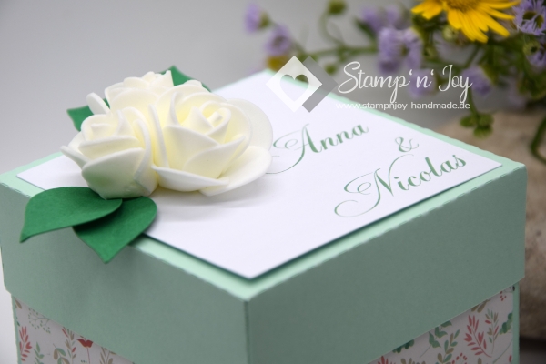 Explosionsbox Hochzeit ca. 9x9x9cm personalisierbar | Geldgeschenk | Torte rund | floral | mint weiß | Art. Nr. 03021304