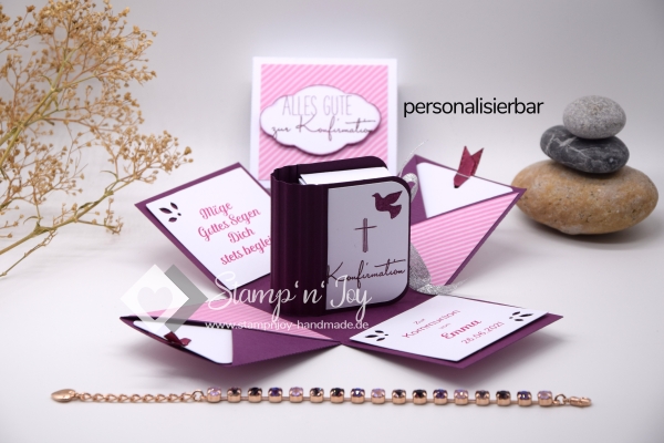 Explosionsbox Kommunion/Konfirmation/Firmung/Taufe personalisierbar | Geldgeschenk | Buchschachtel | Motiv: floral | brombeere rosa | Art. Nr. 04020401
