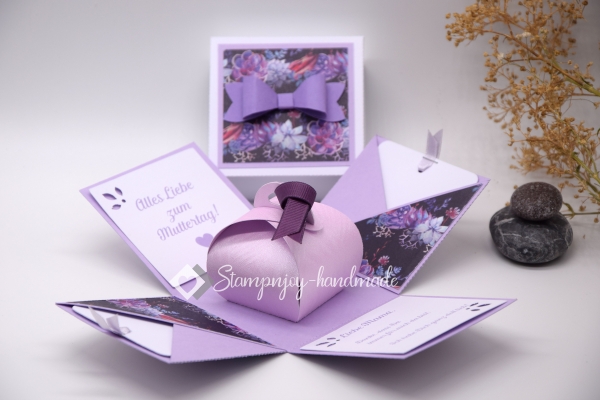 Explosionsbox Muttertag/ Runder Geburtstag | Geldgeschenk | Zierschachtel | Motiv: Blüten floral | pastell lila flieder weiß | Art. Nr. 06020403